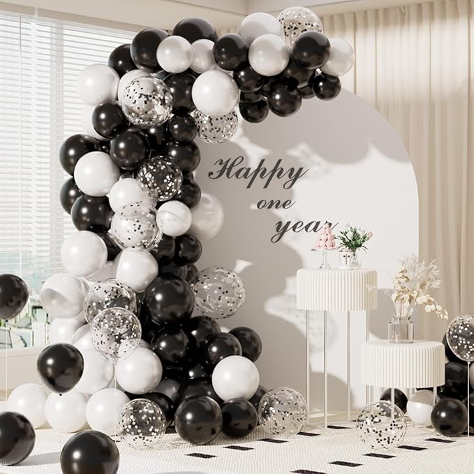 Metallic Shiny Black and White Balloons 12 Inch 67PCS White Black Confetti Balloons Latex Helium Balloon Set for Graduation Anniversary Birthday Party Decorations