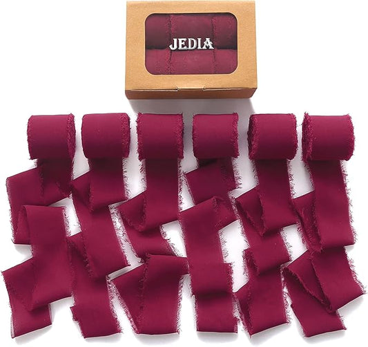 Ribbon, Burgundy Chiffon Ribbon for Flower Bouquet, Silk Ribbons for Crafts, 6 Rolls x 7Yd Each, 1 1/2 inch W x 42Yd Total, Wedding & DIY Crafts for Mothers Day