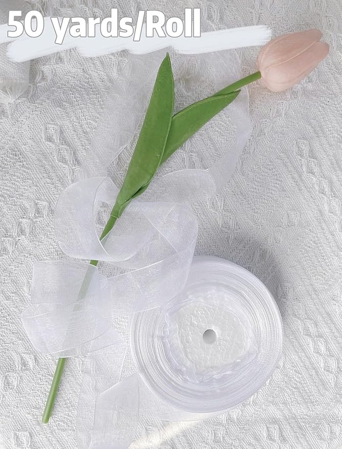 1 Inch 50 Yards Sheer Organza Ribbon Chiffon Ribbon for Gift Wrapping Wedding Bouquet Crafts (White)