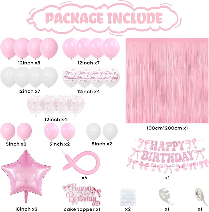 Pink Bow Birthday Decorations, Coquette Party Decoration for Girls Women Pastel Light Pink White Bow Latex Balloons Happy Birthday Banner Cake Topper for Baby Shower Bachelorette Party Decor Supplies