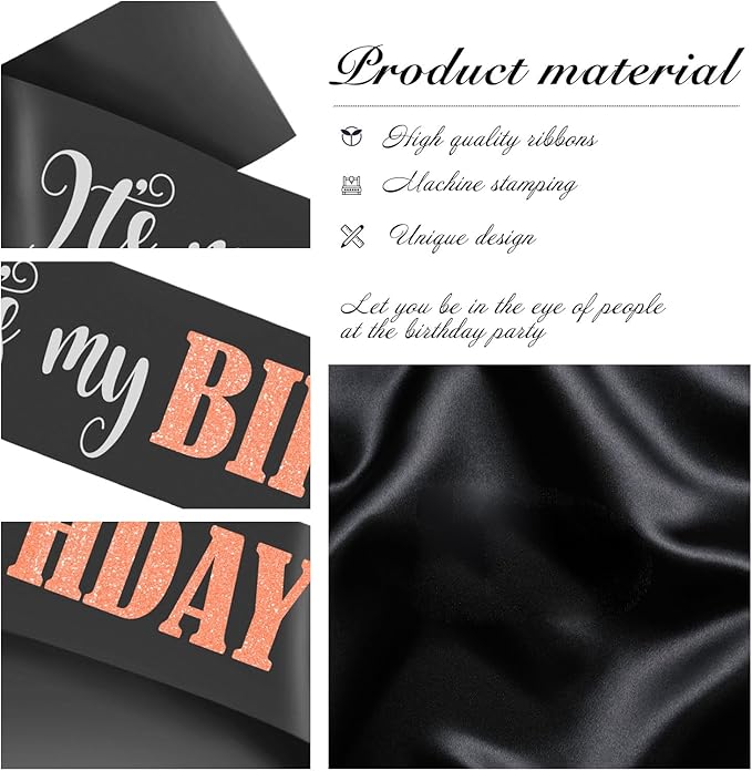 It's My Birthday Sash with Glitter Rose Gold, Black and White Birthday Sashes Decorations for Girls women and Men 16th 18th 21st 30th 40th 50th 60th or Any Birthday Party Supplies Gifts
