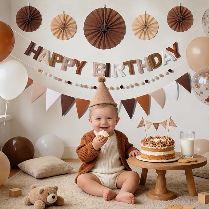 Pre-Strung Happy Birthday Banner, Reusable Felt Birthday Party Decorations, 3D Effect Happy Birthday Sign with Felt Ball Garland, Pennant Flag, Hanging Paper Fans for Men Women Boy Girls (Brown)