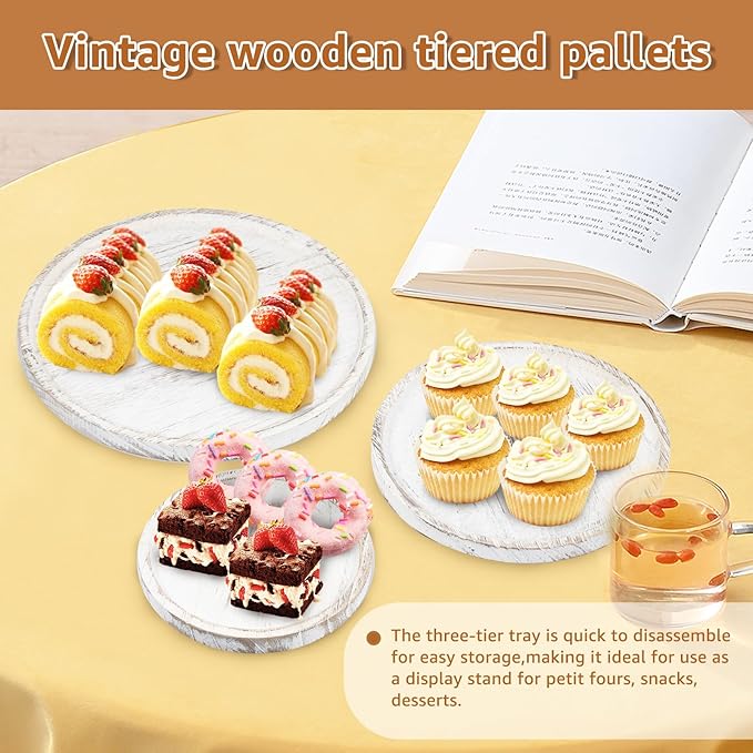 Wooden Cupcake Stand 3 Tiers, Rustic, 50 Cupcakes, Round Tiered Dessert Display, Wedding/Birthday Party, White