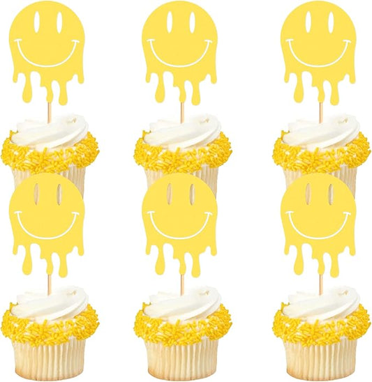 Ercadio 24 Pack Smile Face Cupcake Toppers Gold Cupcake Picks Smiley Assorted Cake Toppers For Girls Baby Shower Birthday Party Cake Decoration Supplies