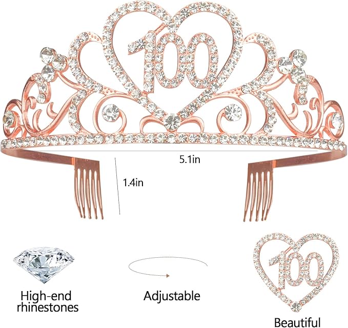 100th Birthday Tiara and Sash Kit - 100 & FABULOUS White Sash and Rose Gold Rhinestone Crown for Women Party Supplies