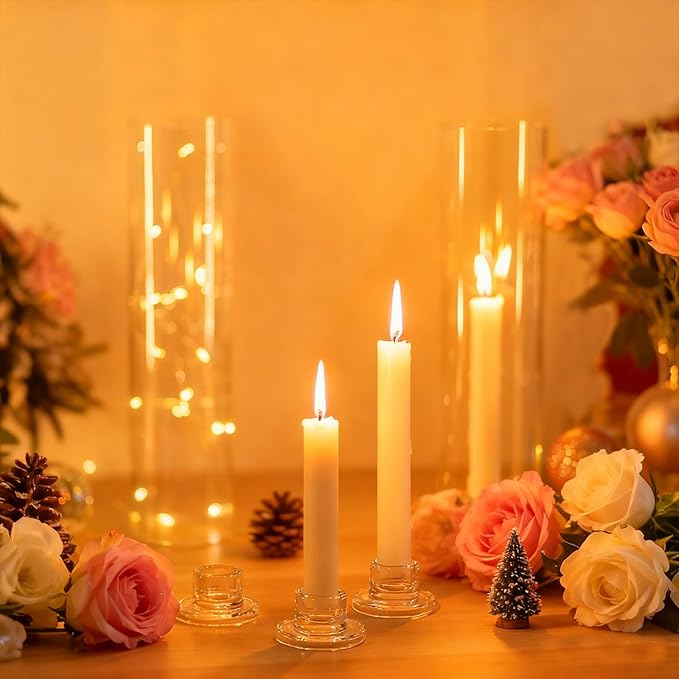 24 Pcs Glass Taper Candle Holders Clear Small Candlestick Holder Bulk Short Glass Candle Sticks Set for Wedding Christmas Party Dining Table Centerpiece Decor