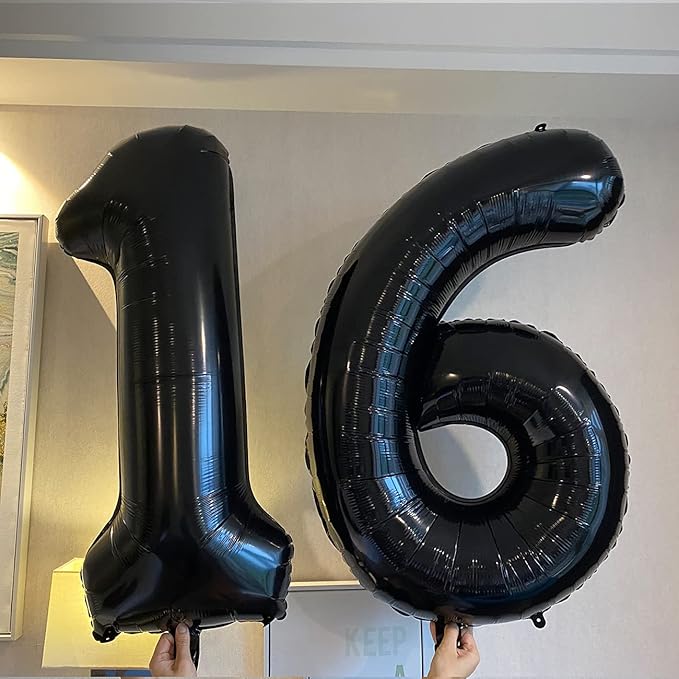 Black 16 Number Balloons Giant Jumbo Number 16 Foil Mylar Balloons for Girl Boy Men 16th Birthday Party Supplies 16 Anniversary Events Decorations