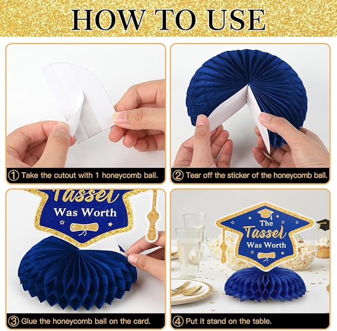Graduation Decorations Class of 2026 Honeycomb Centerpieces, 9PCS Graduation Centerpieces for Tables, Congrats Grad Table Toppers Decor for 2026 Kid Men Women Graduations Party Decorations (Blue Gold)