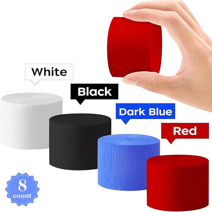 8 Rolls Red Blue Black Crepe Paper Streamers, Red Blue White Party Streamer Carnival Decoration, for Birthday Spider Circus Theme Party Decorations