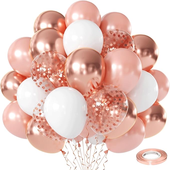 Rose Gold Confetti Balloons - 50pcs 12 Inch Metallic Rose Gold and White Latex Balloons for Bridal Shower Sweet 16 Birthday Wedding Anniversary Party Decorations