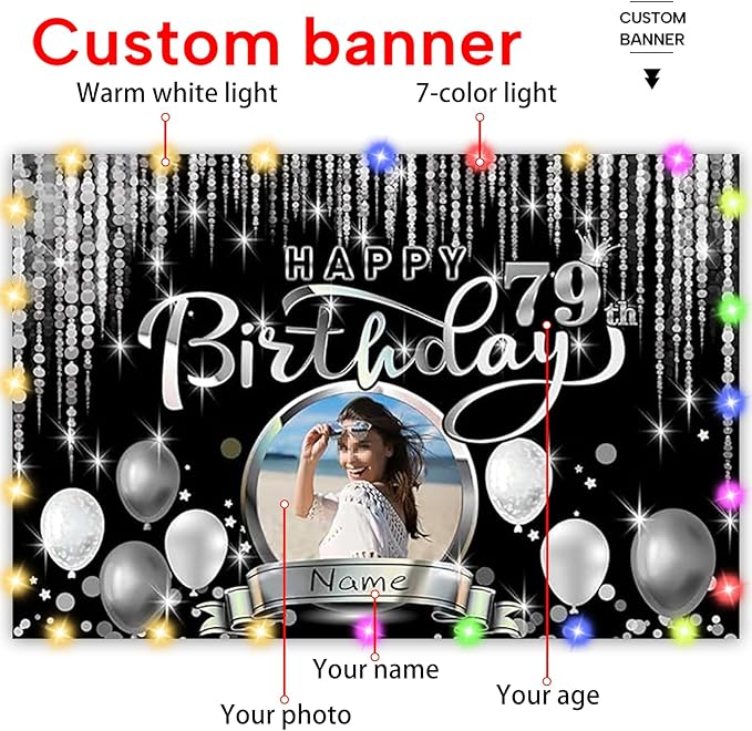 Dicodes Custom Happy Birthday Decoration Banner - Personalization Available - Black and Silver - Large Size - Supports Custom Photos and Names