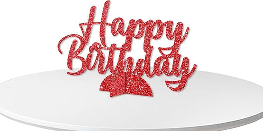 Happy Birthday Table Centerpiece, Red Glitter Birthday Party Paper Free Standing for Women Men, HBD Script Table Centerpiece for Bday Party Supplies