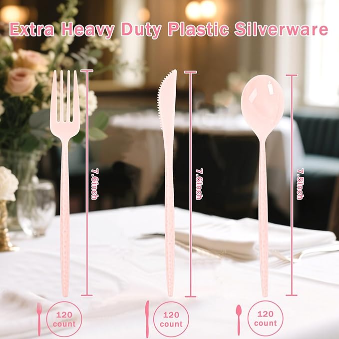 Supernal 360pcs Pink Plastic Silverware Set - Hammered Design Heavy Duty Disposable Cutlery (120 Forks, 120 Spoons, 120 Knives) | Elegant Pink Utensils for Baby Shower, Wedding & Bridal Shower