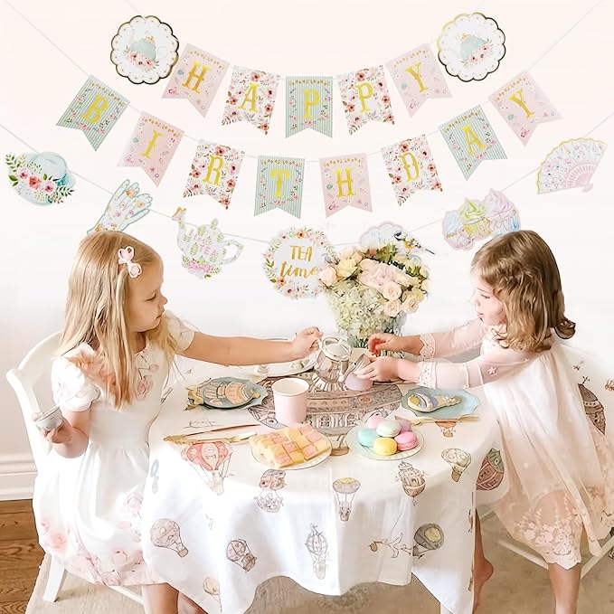 SUNBEAUTY Floral Tea Party Birthday Decorations Tea Happy Birthday Banner Floral Garland Birthday Hanging Banner for Baby Bridal Shower Spring Garden Tea Party Decorations | Pre-Strung
