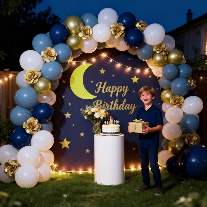 Retro Navy Blue Gold and White Balloons, 12inch Pastel Dark Light Blue White Latex Balloons with Metallic Chrome Gold Party Balloon for Boy Birthday Bridal Baby Shower Graduation Party Decorations