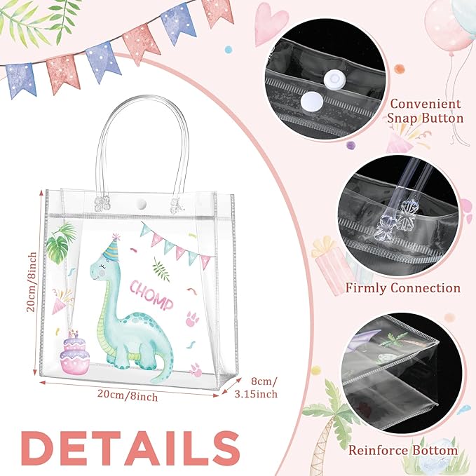 Aliceset 20 Pcs Pink Dinosaur Clear Treat Bags with Handles Cute Watercolor Dinosaur Party Favor Dino Gifts Bags for Birthday Dino Theme Party Supplies Candy, 8 x 8 x 3.15 Inch