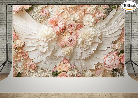 Kate 10x6.5ft Pink Flowers Wall White Angel Wings Princess Photography Backdrops Girl Portrait Background
