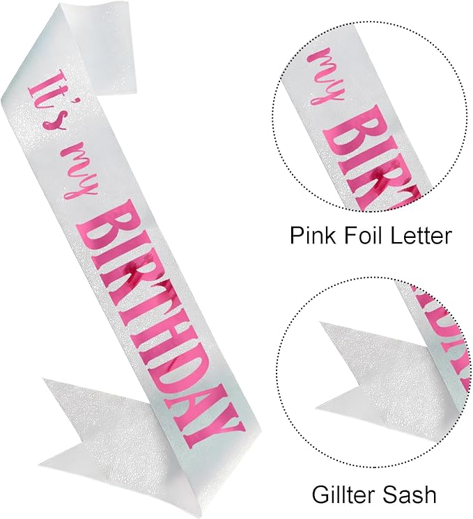 It's My Birthday Sash, Pink Foil Letter Glitter White Birthday Sash for Women Girl Kids Teenager Funny Bday Gifts Party Favors Photo Prop