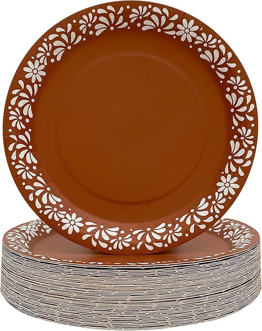 Mexican Fiesta Paper Plates 50 Pack, 9-Inch Disposable Party Plates, Cinco de Mayo Decorations, Terracotta Boho Plates, Talavera Style, Cielito Lindo Party Decor (Terracotta, 50pcs)