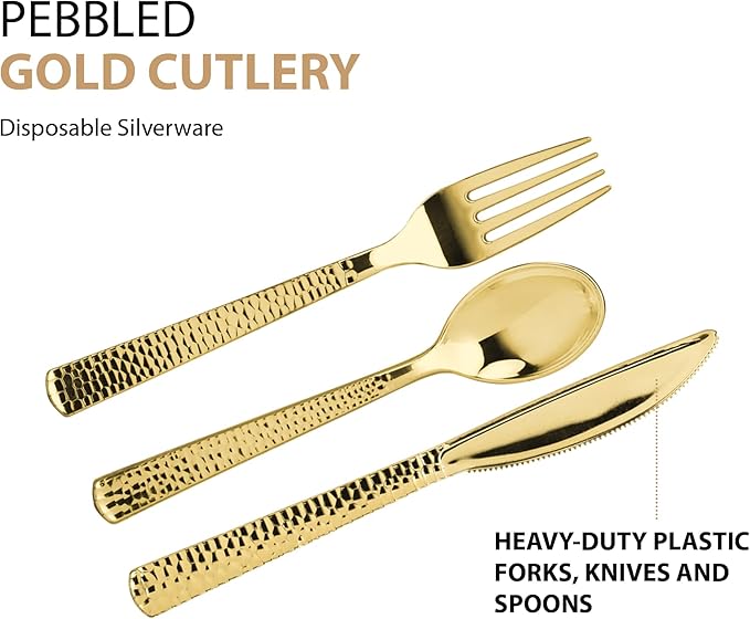 Plastic Cutlery Silverware Extra Heavyweight Disposable Flatware, Full Size Cutlery Combo, Gold Pebbled, 80 Forks, 40 Spoons, 40 Knifes, Value Pack 160 Count