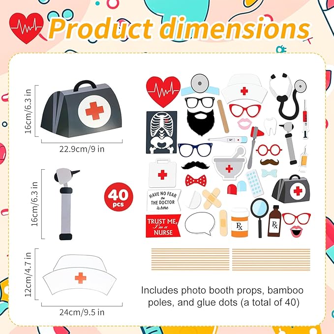 40 Pcs Professional Medical Photo Booth Props Kit for Adult Events, Dental Office Celebrations, Doctor & Nurse Graduation, Hospital-Themed Photoshoot Accessories with Wooden Sticks