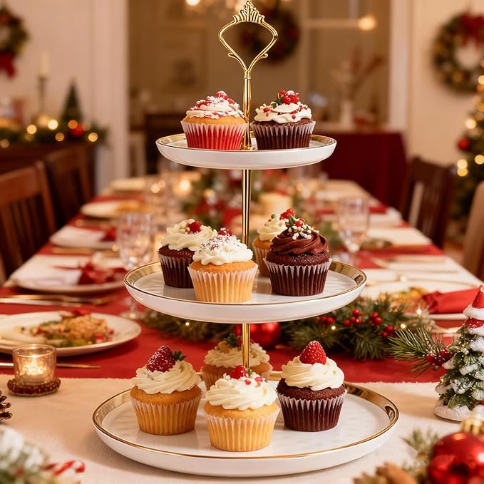 3-Tier Ceramic Cupcake Stand with Gold Trim - Elegant Dessert Serving Platter for Cakes, Pastries, Snacks & Fruits - Parties, Afternoon Tea & Home Decor (White)