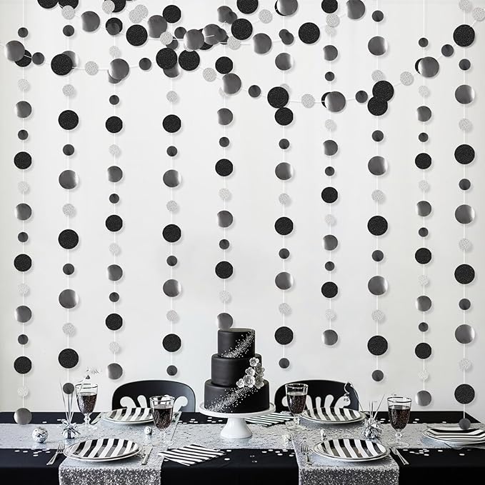Outus 10 Pieces Black,Silver Round Dots Garland Graduation Party Hanging Decor Each Length 13.1ft Glitter Paper Dot Streamers for Birthday Wedding Classroom Supplies