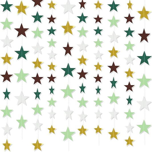 Patelai 130 Feet Glitter Star Garland Banner 2026 Party Decoration Double Side Star Hanging String Streamer Paper Twinkle for Graduation Wedding Birthday (White,Light/Dark Green,Brown,Gold)