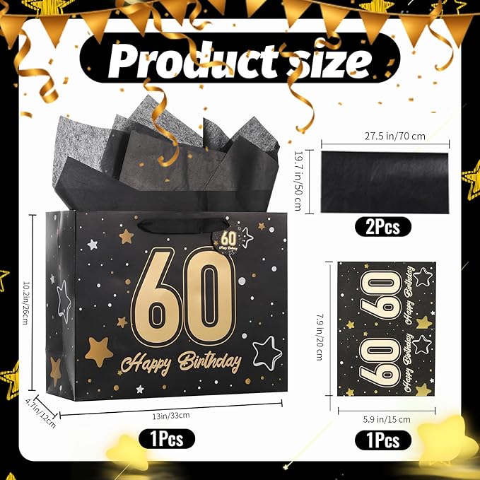 Powbrace 13" Black 60th Birthday Gift Bag with Tissue Paper and Greeting Card for Party,Happy Birthday Gift Bag for Men Women,Gift Bags Medium size(1 Black 60th)