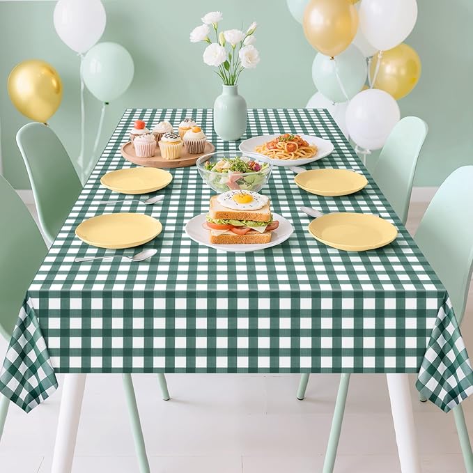 1 Pack Sage Green Striped Gingham Tablecloths, 54 x 108 Inch Disposable Plastic Rectangle Table Covers, Waterproof Checkered Sage Green Table Cloths for Picnic, Birthday, Party, Outdoor Events