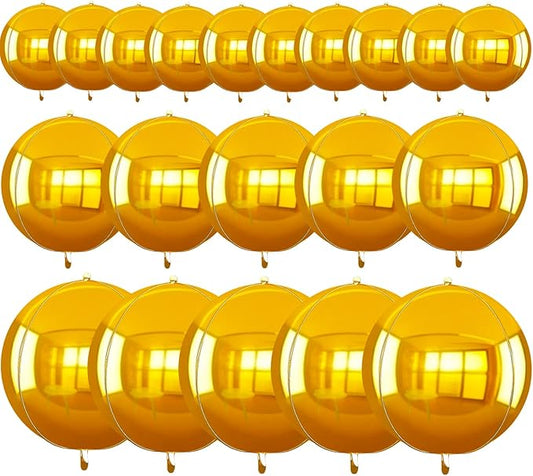 TONIFUL 16Pcs Large Gold 4D Giant Round Foil Balloon 4D Mirror Metallic Mylar Sephere Balloons for Christmas New Year Birthday Party Graduation Wedding Baby Shower Decoration Supplies(Mix Sizes)