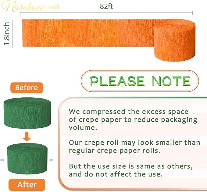 NICROHOME EUR Little Cutie Baby Shower Decorations, 8 Rolls Citrus Orange Green Pink Gold Crepe Paper Streamers, 82 ft Long