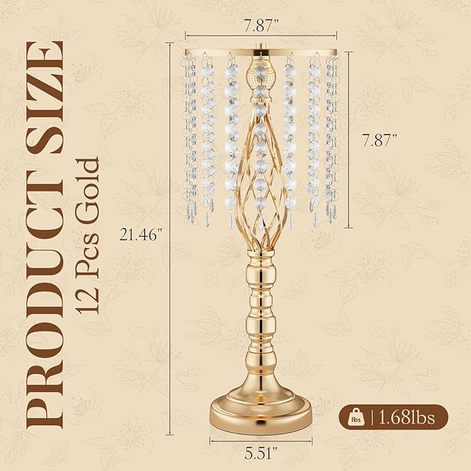 12 Pcs 21.7 Inch Tall Gold Centerpieces For Table Wedding-Metal Flower Gold Vases For Centerpieces For Wedding Reception With Crystal Fringe-Flower Stand For Wedding, Birthday(Centros De Mesa)