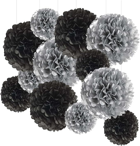 Black and Silver Tissue Paper Pom Poms Hanging Tissue Flowers Poms Decorations Pack of 12 for Wedding, Birthday,Party Backdrop Decor ect. (12", 10",Tissue Paper Flowers)