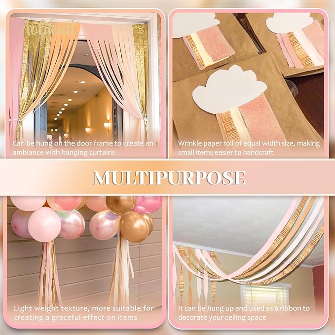 AOBKIAT Wedding Decor Gold Pink Orange Gold Crepe Paper 8 PCS Streamers Party Decorations for Wedding,Bachelorette,Birthday,Bridal Baby Shower,Anniversary Party Backdrop
