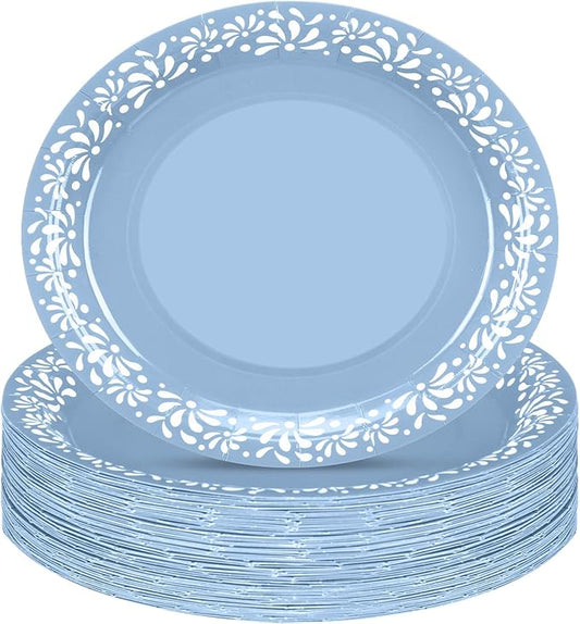 Yungyan 50 Pcs 12 Inch Blue Platos De Barro Cielito Lindo Plates Mexican Paper Plates Cielito Lindo Party Favors for Talavera Birthday Wedding Party Decoration
