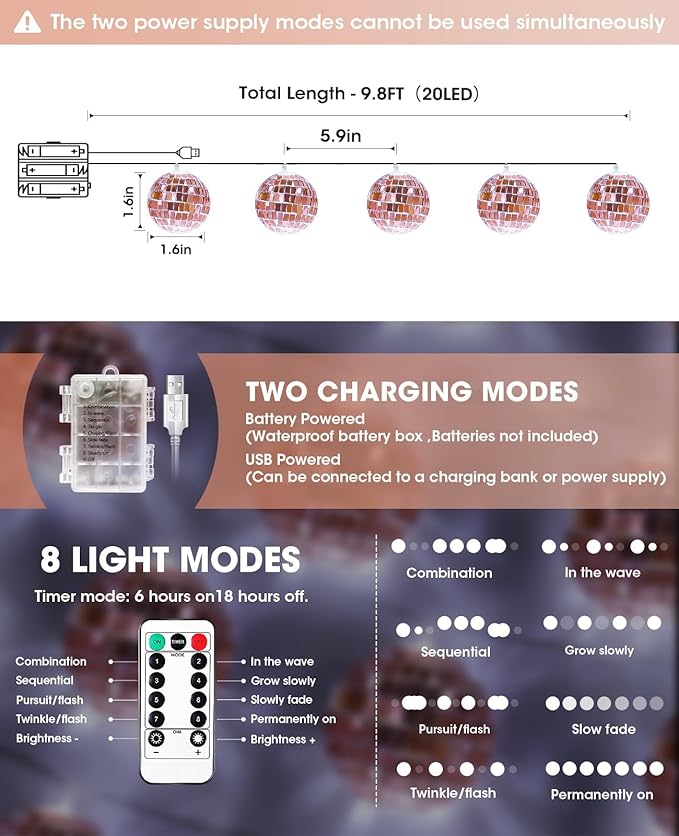 AceList Rose Gold Disco Ball String Lights, 20 LED 9.8Ft Control & Dual Power (USB/Battery) Dimmable Mirror Ball Lights for Bedroom, Birthday Party, Bachelorette & Room Decor