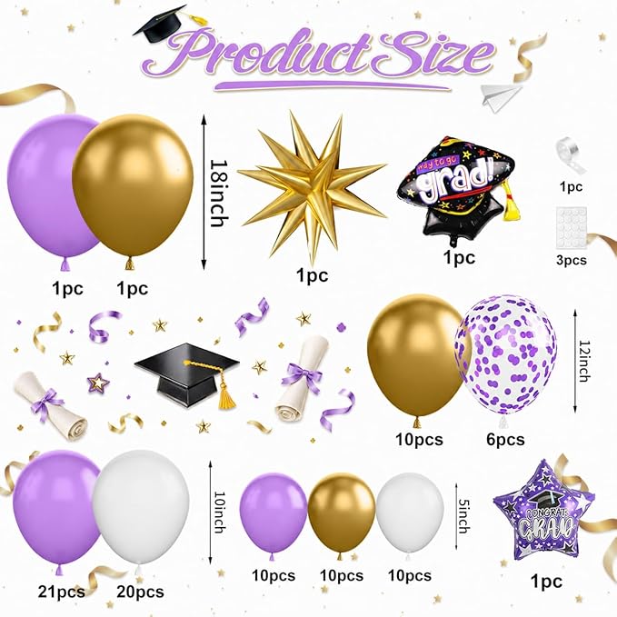 Graduation Balloon Arch Garland Kit, 2026 Graduation Party Decoration, Purple Gold Balloon with Congrats Grad Hat 2026 Number Balloons for College School Class of 2026 Congrats Party Supplies