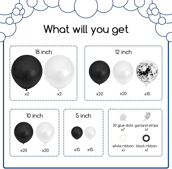 COKAOBE Black and White Balloon Garland Arch Kit, 124pcs White Black Confetti Latex Balloons for Baby Shower Birthday Graduation Wedding Engagements Anniversary Celebrations Party Decorations
