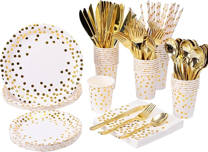 200Pcs Gold Party Supplies - Gold Paper Plates & Napkins Cups Silverware Serves 25 Sets for Wedding Bridal Shower Engagement Birthday Parties (Gold dot)