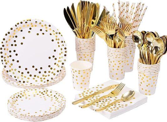 200Pcs Gold Party Supplies - Gold Paper Plates & Napkins Cups Silverware Serves 25 Sets for Wedding Bridal Shower Engagement Birthday Parties (Gold dot)