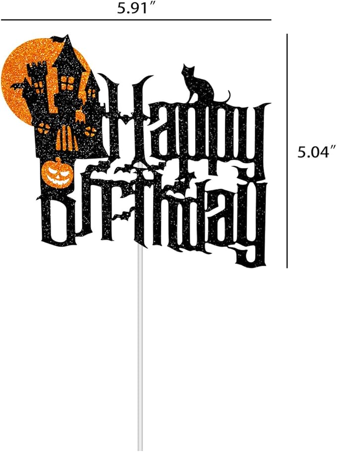 Halloween Birthday Cartoon Cake Topper with Spooky Haunted House Black Glitter Cake Decorations for Halloween Scary Theme Party Decor Supplies
