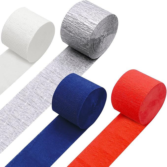 PheiLa Crepe Paper Streamers 4 Rolls 328ft, Red White Blue Silver Paper Party Streamers Patriotic Decorations for 4th of July Independence Day Memorial Day Birthday Wedding Party Decoration