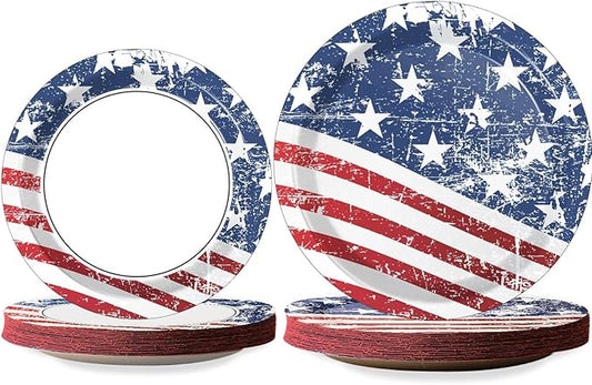 Wiooffen 48pcs Patriotic Party Paper Memorial Day 4th of July American Flag Desktop Decoration Set Disposable Pack Desktop Kit 250th Anniversary Birthday Decoration, 24pcs 9" and 7"