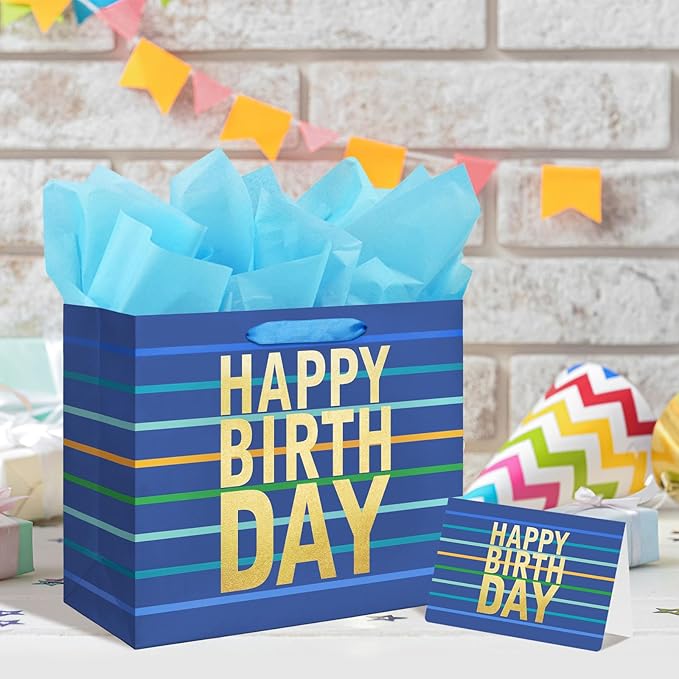 16.5" Blue Gift Bag with Tissue Paper, Card and Handles for Men's Birthday, Kids' or Baby Boy (Stripe) (Extra Large Blue)