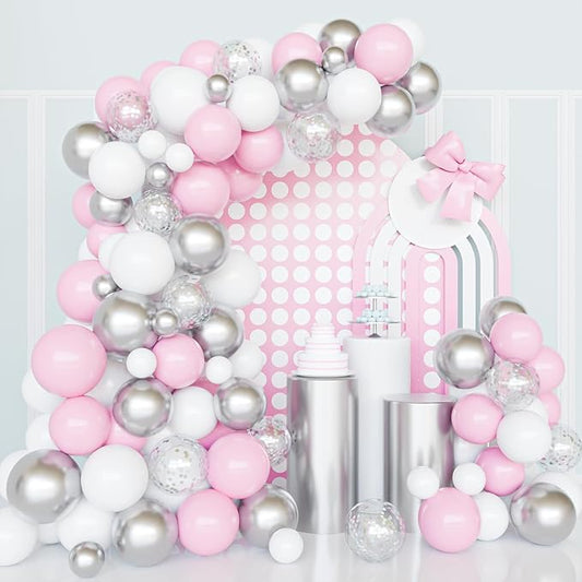 Silver Pink Balloons Garland Kit, 100pcs White and Silver Confetti Metallic Latex Balloons Arch with 16ft Tape Strip & Dot Glue for Girl Baby Shower, Birthday Party, Wedding, Anniversary Decorations
