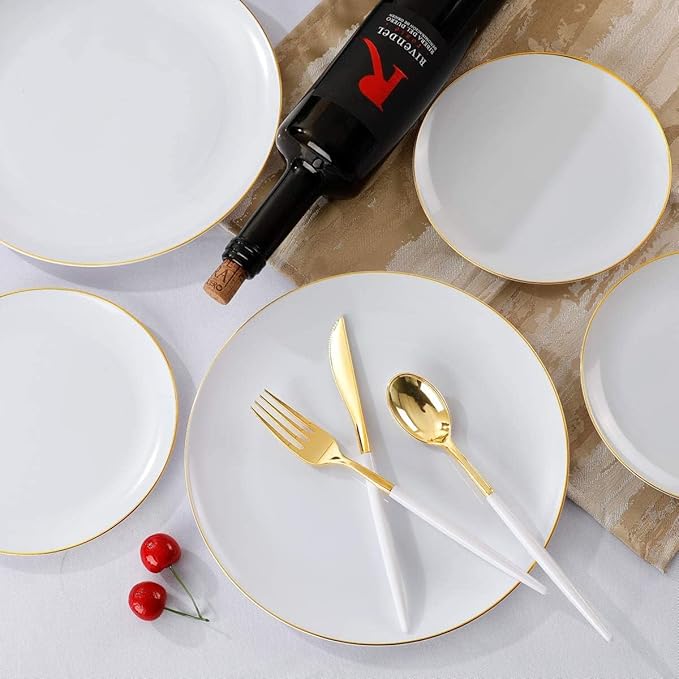 Supernal Elegant White and Gold Plastic Dinnerware Set ??Premium Heavy-Duty Disposable Plates & Gold Plastic Silverware for Weddings, Outdoor Parties & Birthdays (Serves 30)
