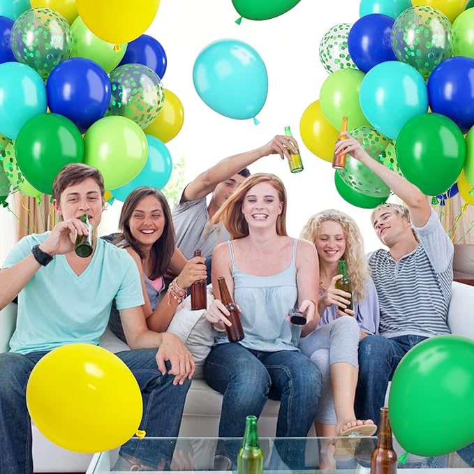 Paready Green and Blue Balloons, 60 Pcs 12 Inch Navy Teal Blue Dark Green Latex Balloons, Teal Yellow Light Green Confetti Balloon for Jungle Dinosaur Birthday Party Baby Shower Decorations