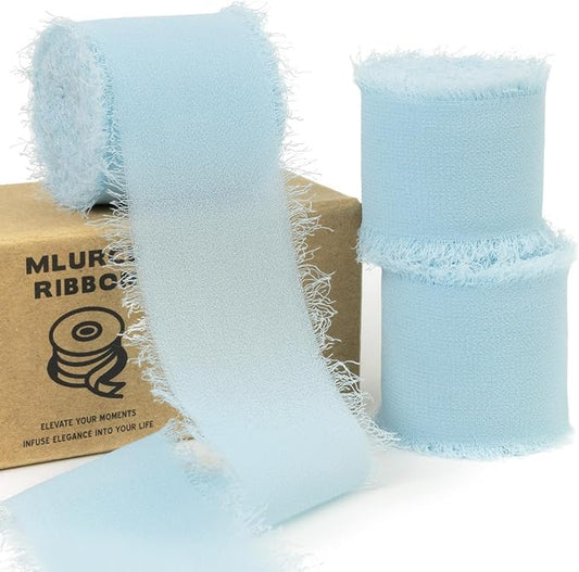 Baby Blue Chiffon Silk Ribbon - 1-1/2 Inch x 21 Yards, Frayed, Light Blue, Boho Style for Gift Wrapping, Wedding Invitation, Bridal Flower Bouquets