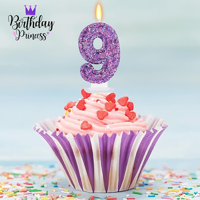 Deep Purple Glitter Birthday Candles for Girls - Number 9 Candle Cake Topper for Purple Fairy Birthday Party Decorations